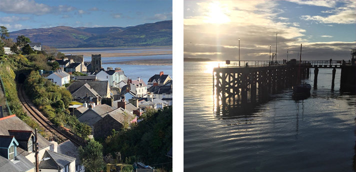 2 photos - South east view of Aberdovey and estuary, and Silhouette of Aberdovey jetty to the west