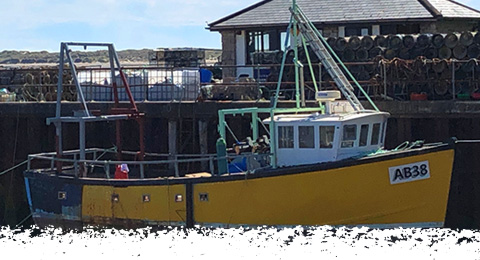 Main photo of a moored fishing boat and stacked lobster pots on Aberdyfi pier
